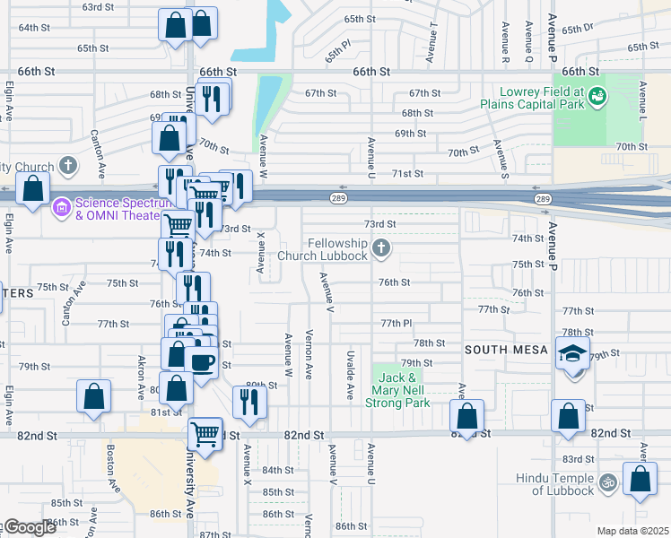 map of restaurants, bars, coffee shops, grocery stores, and more near 2117 75th Street in Lubbock
