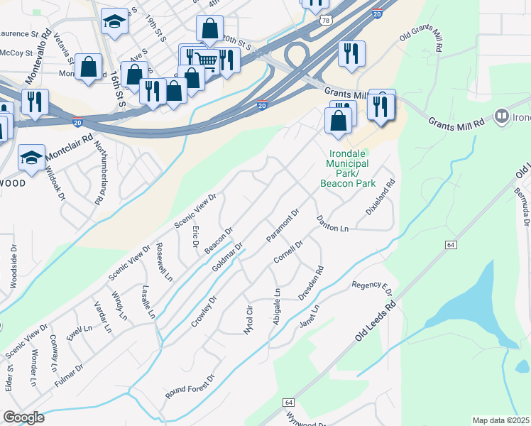 map of restaurants, bars, coffee shops, grocery stores, and more near 5240 Goldmar Drive in Irondale