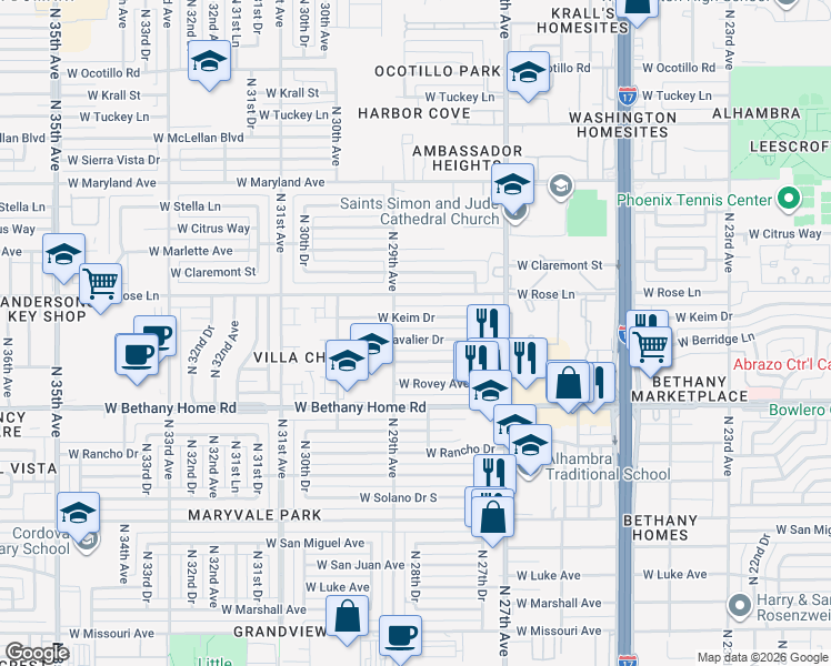 map of restaurants, bars, coffee shops, grocery stores, and more near 2822 West Cavalier Drive in Phoenix