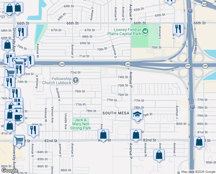 map of restaurants, bars, coffee shops, grocery stores, and more near 1801 75th Street in Lubbock