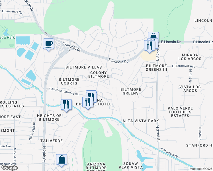 map of restaurants, bars, coffee shops, grocery stores, and more near 6201 North 30th Way in Phoenix