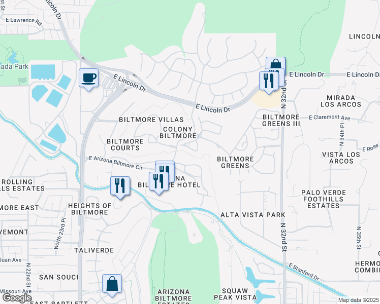 map of restaurants, bars, coffee shops, grocery stores, and more near 3019 East Rose Lane in Phoenix