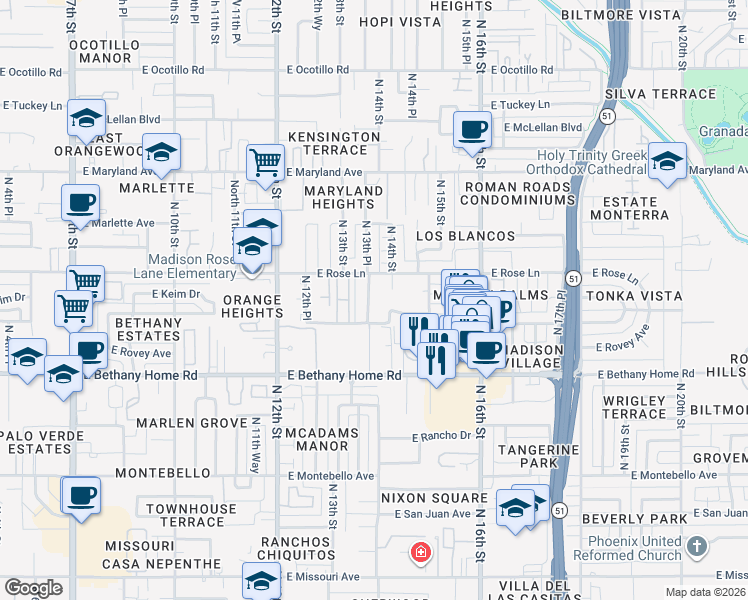 map of restaurants, bars, coffee shops, grocery stores, and more near 6114 North 14th Street in Phoenix