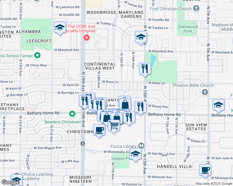 map of restaurants, bars, coffee shops, grocery stores, and more near 6121 North 17th Avenue in Phoenix