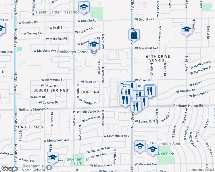 map of restaurants, bars, coffee shops, grocery stores, and more near 6259 North 69th Drive in Glendale