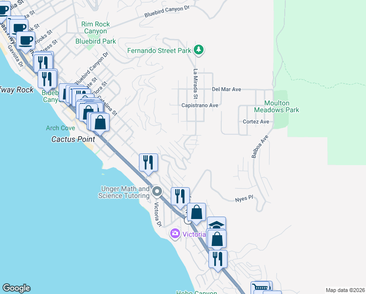 map of restaurants, bars, coffee shops, grocery stores, and more near 2590 Iris Way in Laguna Beach