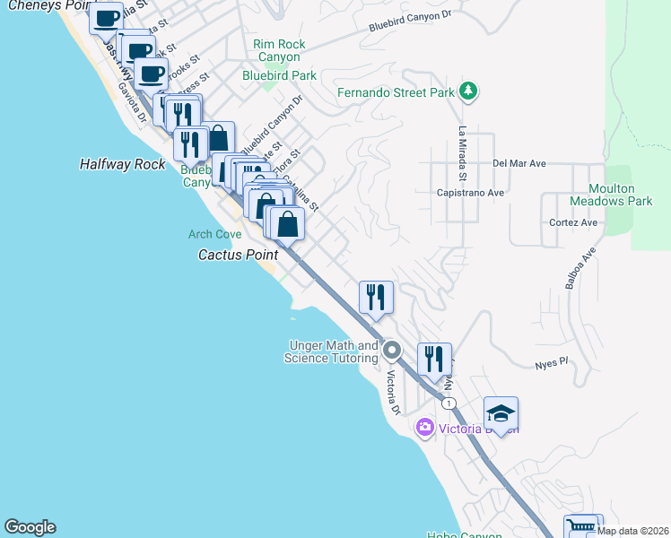 map of restaurants, bars, coffee shops, grocery stores, and more near 2260 Glenneyre Street in Laguna Beach