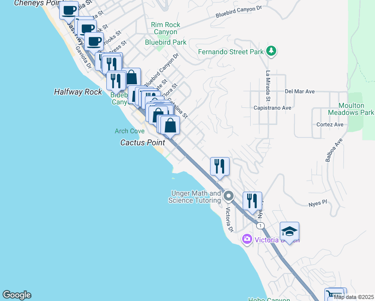 map of restaurants, bars, coffee shops, grocery stores, and more near 2160 South Coast Highway in Laguna Beach