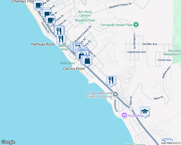 map of restaurants, bars, coffee shops, grocery stores, and more near 2090 Ocean Way in Laguna Beach
