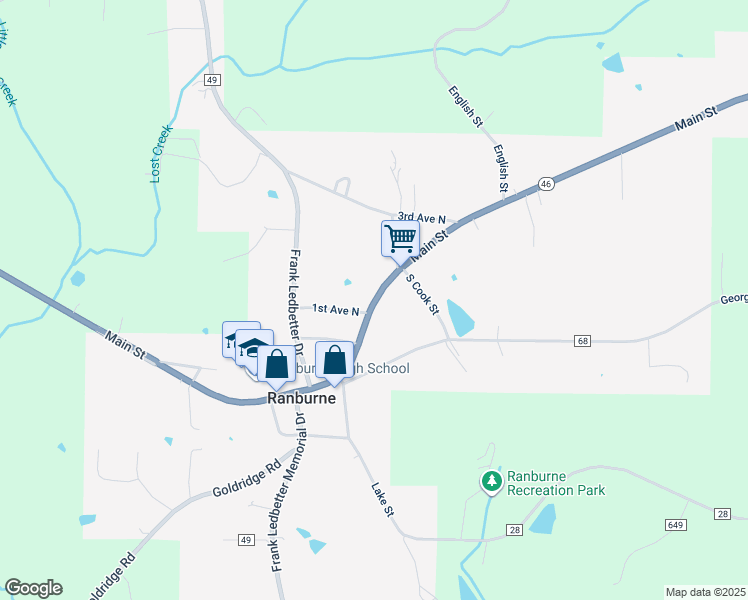 map of restaurants, bars, coffee shops, grocery stores, and more near 21484 Main Street in Ranburne