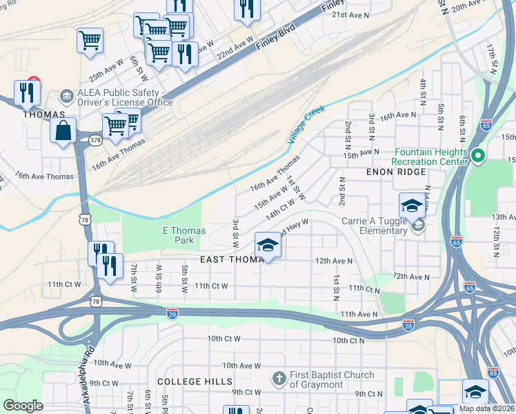 map of restaurants, bars, coffee shops, grocery stores, and more near 204 15th Ave W in Birmingham