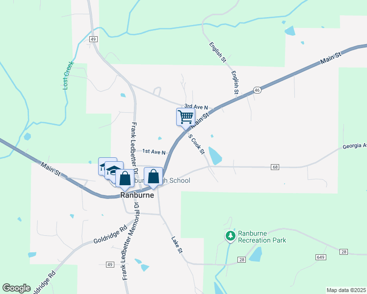 map of restaurants, bars, coffee shops, grocery stores, and more near 21484 Main Street in Ranburne