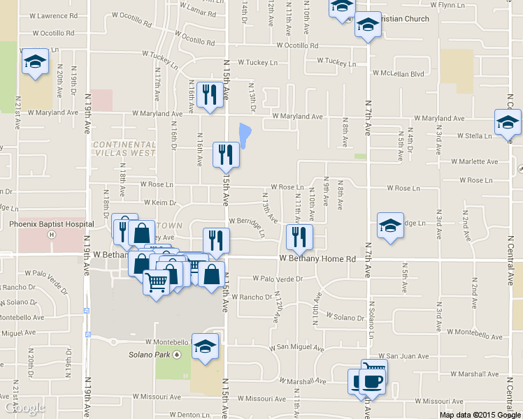 map of restaurants, bars, coffee shops, grocery stores, and more near 6120 North 13th Avenue in Phoenix
