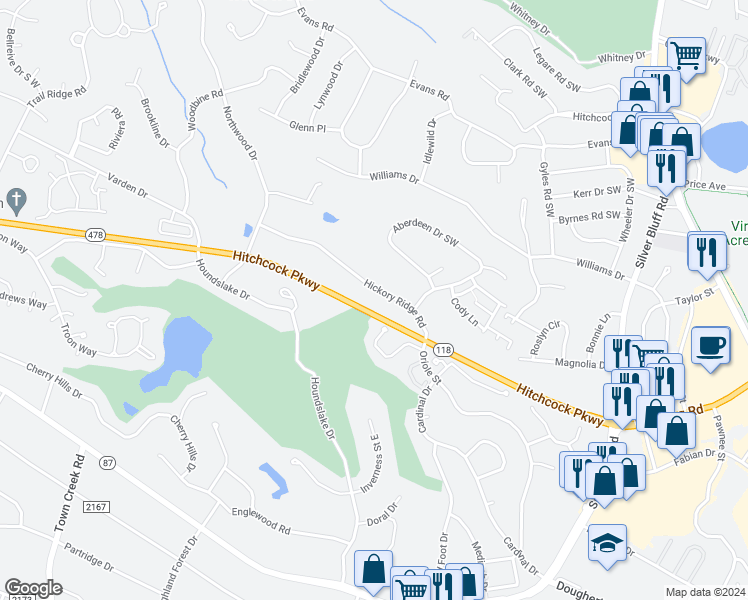 map of restaurants, bars, coffee shops, grocery stores, and more near 825 Hickory Ridge Rd in Aiken