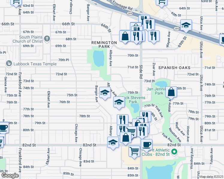 map of restaurants, bars, coffee shops, grocery stores, and more near 16 Albany Avenue in Lubbock
