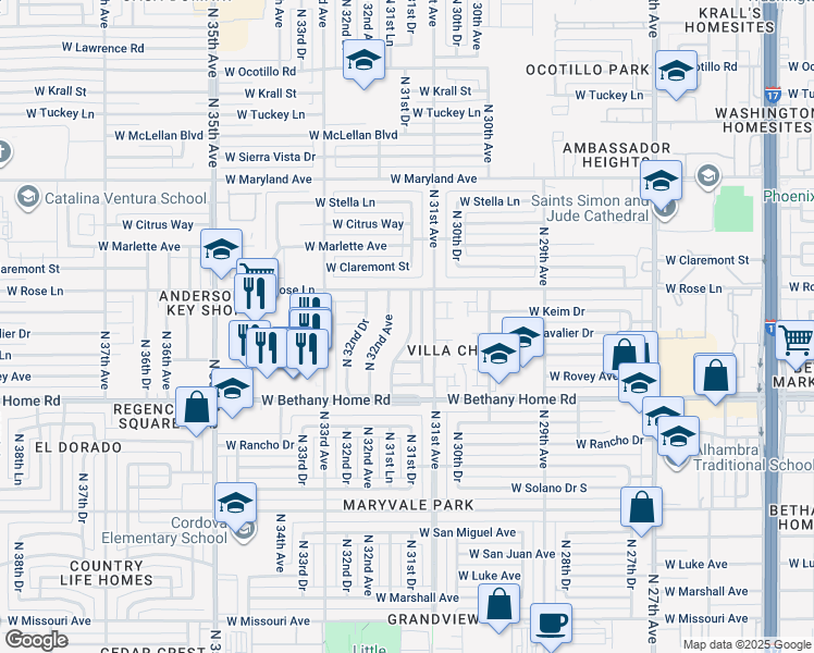 map of restaurants, bars, coffee shops, grocery stores, and more near 6116 North 31st Drive in Phoenix