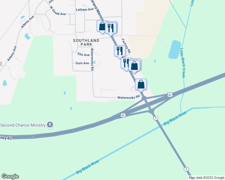map of restaurants, bars, coffee shops, grocery stores, and more near 101-199 Southland Circle in Eupora