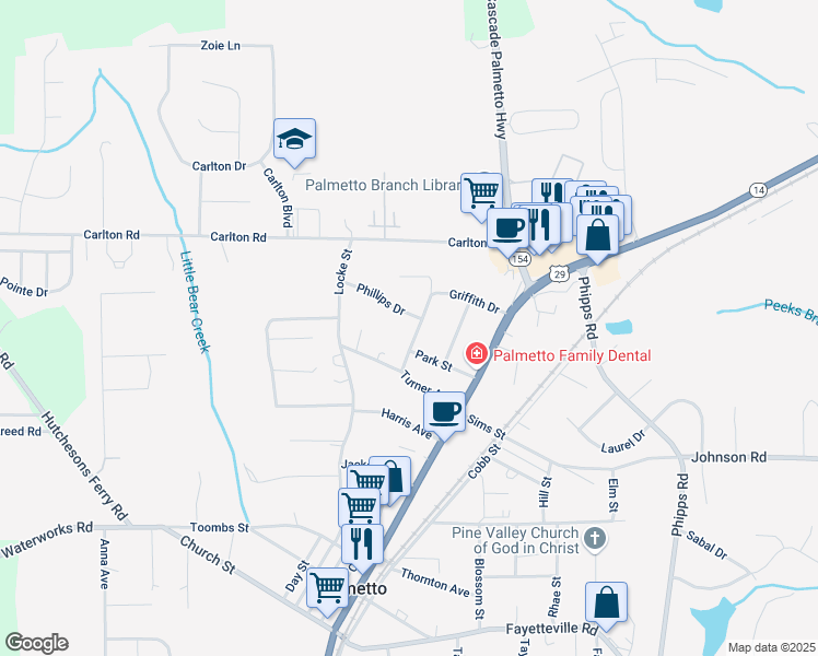 map of restaurants, bars, coffee shops, grocery stores, and more near 525 Griffith Drive in Palmetto