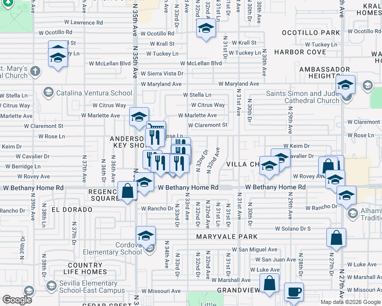 map of restaurants, bars, coffee shops, grocery stores, and more near 6115 North 33rd Avenue in Phoenix