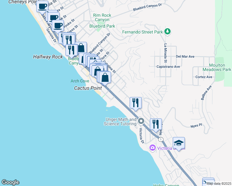 map of restaurants, bars, coffee shops, grocery stores, and more near 240 Moss Street in Laguna Beach