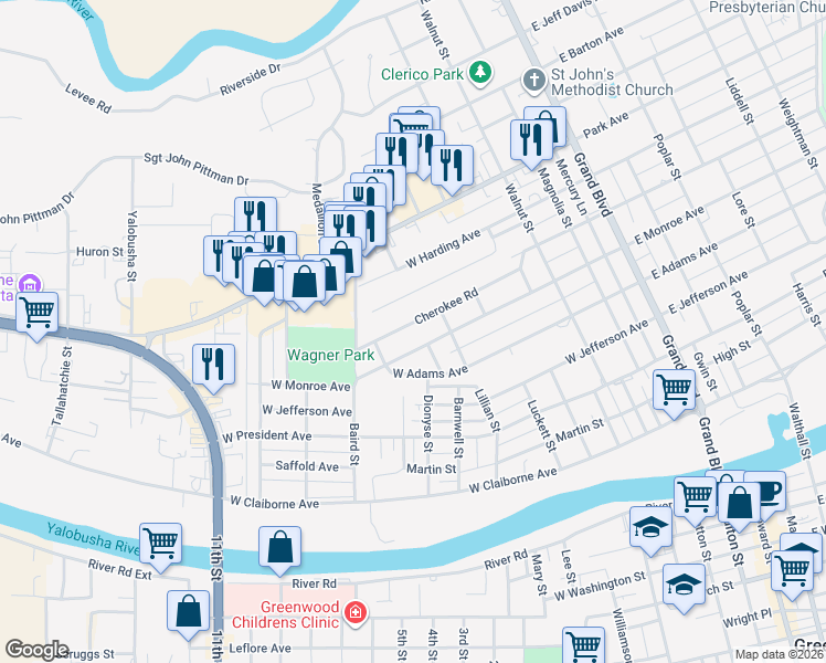 map of restaurants, bars, coffee shops, grocery stores, and more near 613-615 Cherokee Road in Greenwood