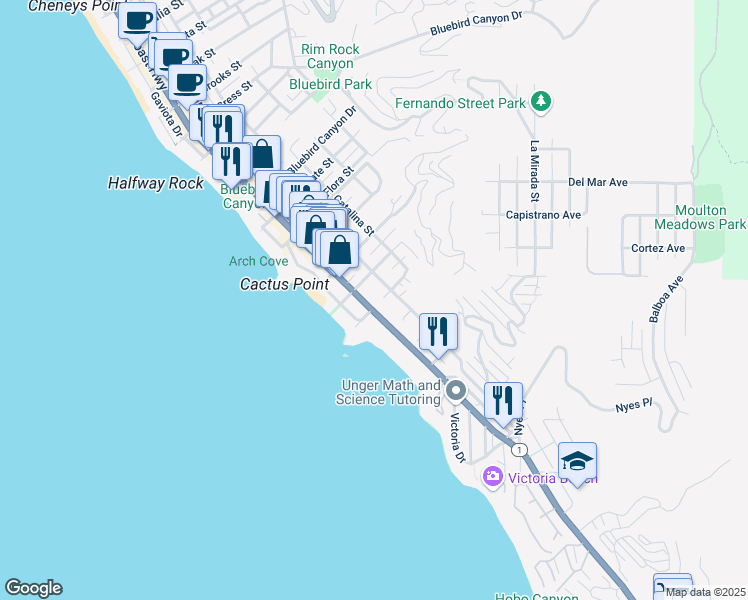 map of restaurants, bars, coffee shops, grocery stores, and more near 240 Moss Street in Laguna Beach