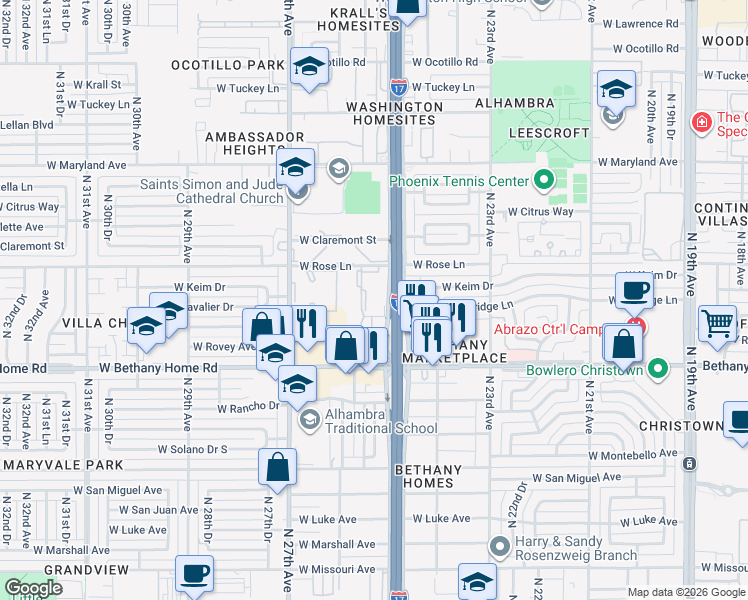 map of restaurants, bars, coffee shops, grocery stores, and more near 6070 North Black Canyon Highway in Phoenix
