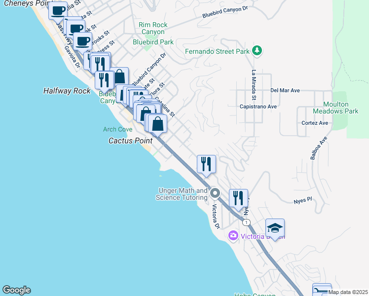 map of restaurants, bars, coffee shops, grocery stores, and more near 2260 Glenneyre Street in Laguna Beach