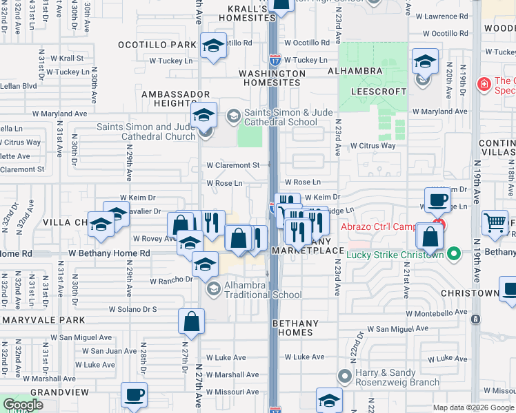 map of restaurants, bars, coffee shops, grocery stores, and more near 6070 North Black Canyon Highway in Phoenix