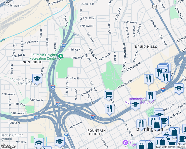 map of restaurants, bars, coffee shops, grocery stores, and more near 1620 13th Avenue North in Birmingham