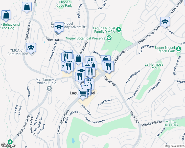 map of restaurants, bars, coffee shops, grocery stores, and more near 30081 Crown Valley Parkway in Laguna Niguel