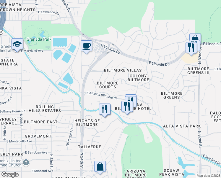 map of restaurants, bars, coffee shops, grocery stores, and more near 6123 North 28th Place in Phoenix