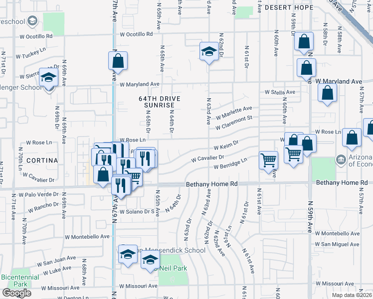 map of restaurants, bars, coffee shops, grocery stores, and more near 6342 West Keim Drive in Glendale