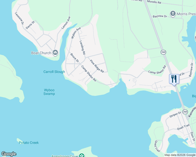 map of restaurants, bars, coffee shops, grocery stores, and more near 1724 Camp Shelor Road in Manning