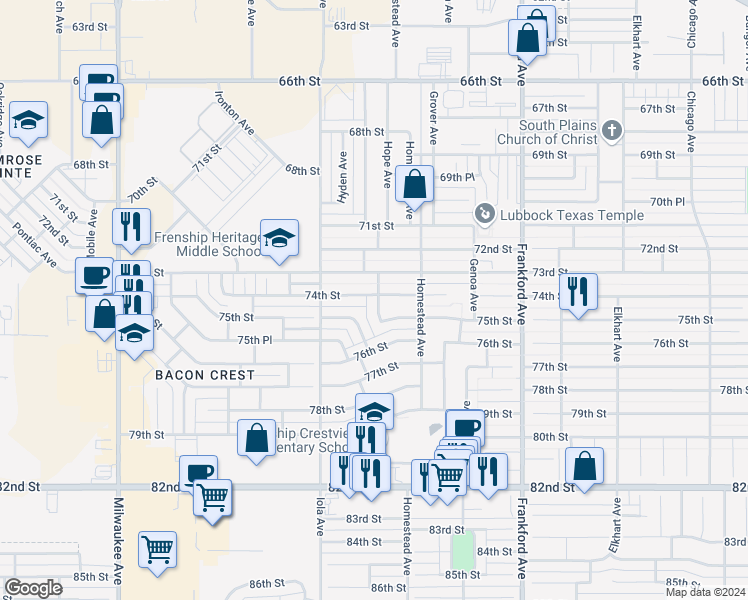 map of restaurants, bars, coffee shops, grocery stores, and more near 7402 75th Street in Lubbock