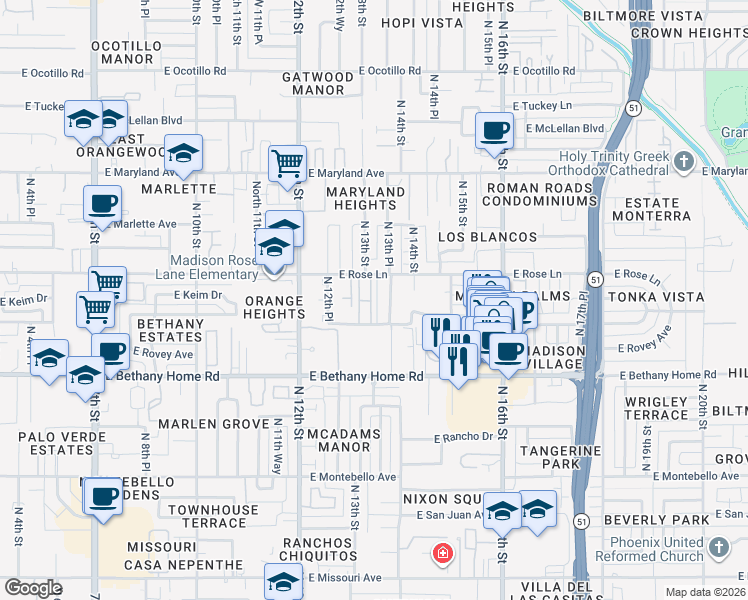 map of restaurants, bars, coffee shops, grocery stores, and more near 6102 North 13th Street in Phoenix