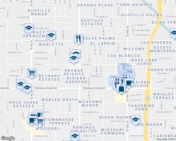 map of restaurants, bars, coffee shops, grocery stores, and more near 6121 N 12th Pl in Phoenix