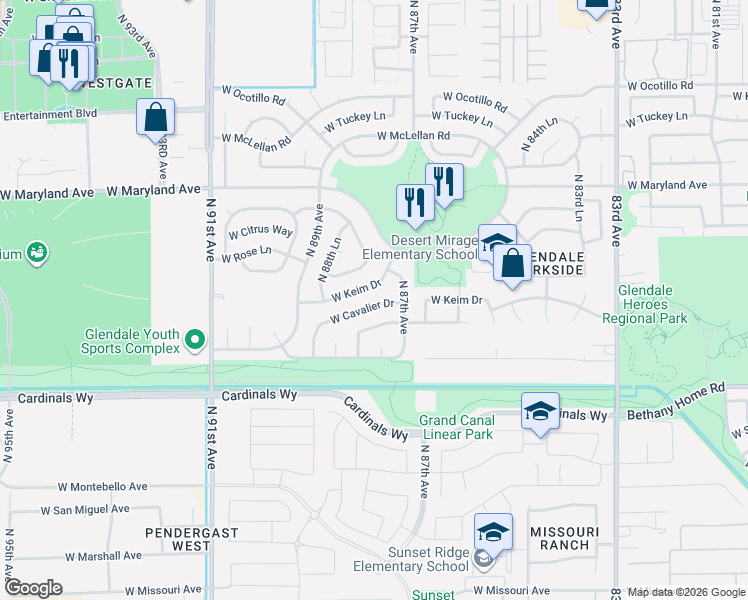 map of restaurants, bars, coffee shops, grocery stores, and more near 8778 West Cavalier Drive in Glendale