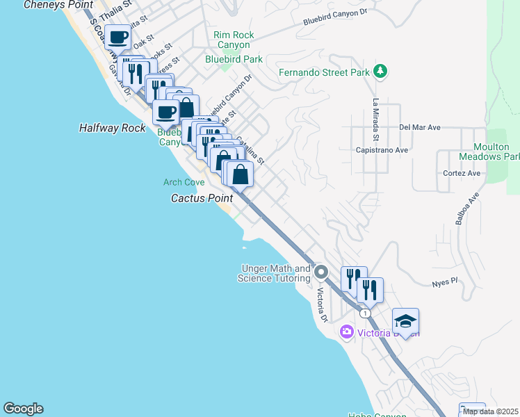 map of restaurants, bars, coffee shops, grocery stores, and more near 2160 South Coast Highway in Laguna Beach