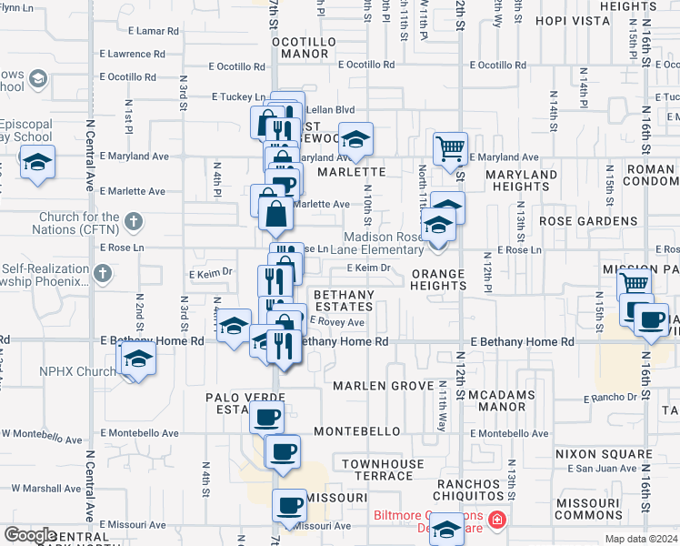 map of restaurants, bars, coffee shops, grocery stores, and more near 907 East Keim Drive in Phoenix