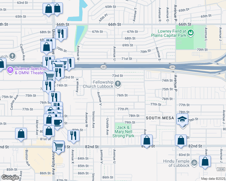 map of restaurants, bars, coffee shops, grocery stores, and more near 2101 75th Street in Lubbock