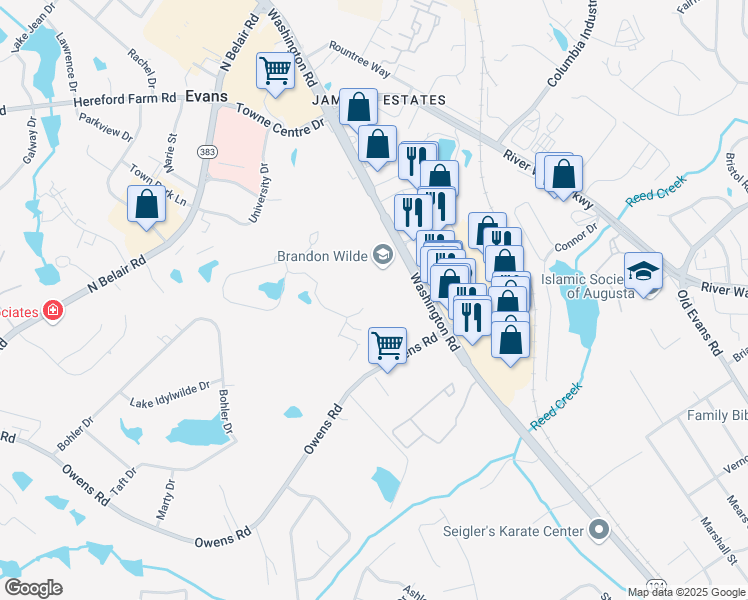 map of restaurants, bars, coffee shops, grocery stores, and more near 4275 Owens Road in Evans