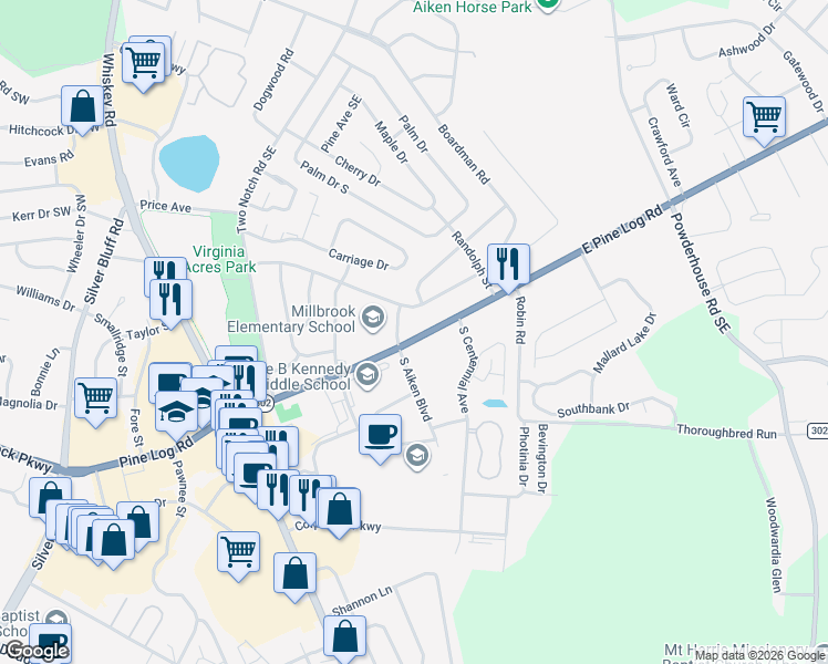 map of restaurants, bars, coffee shops, grocery stores, and more near 333 East Pine Log Road in Aiken