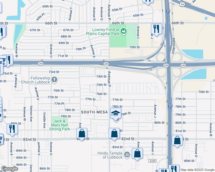 map of restaurants, bars, coffee shops, grocery stores, and more near 7502 Avenue P in Lubbock