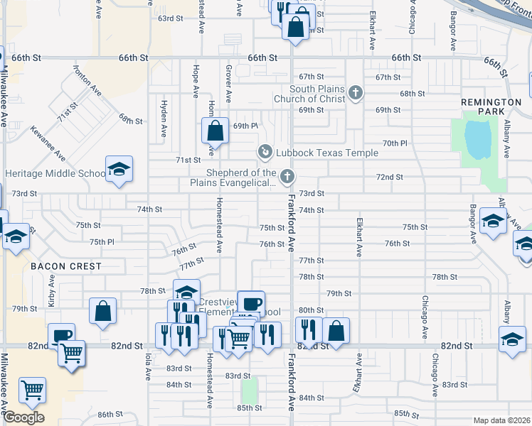 map of restaurants, bars, coffee shops, grocery stores, and more near 5815 74th Street in Lubbock