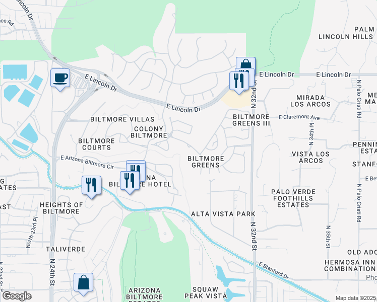 map of restaurants, bars, coffee shops, grocery stores, and more near 3061 E Claremont Ave in Phoenix