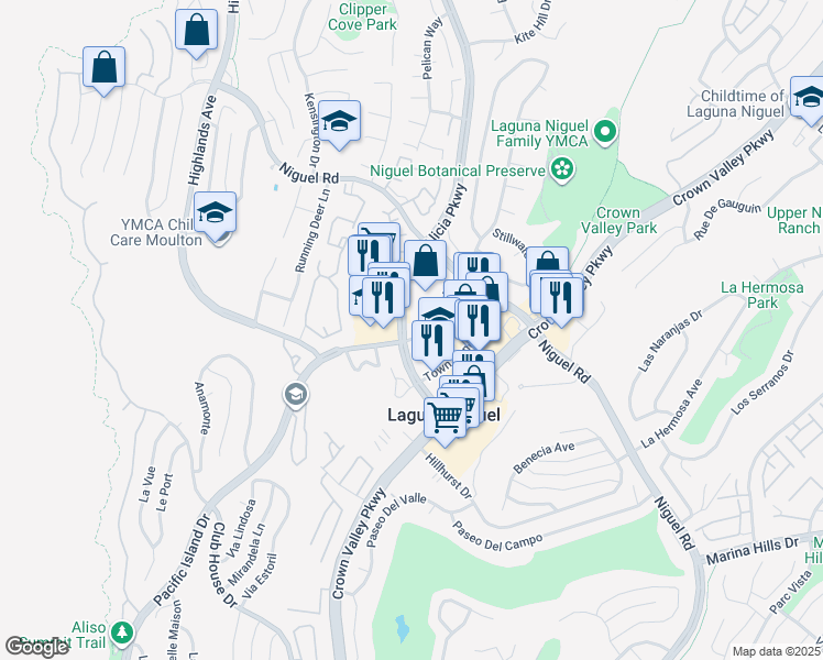 map of restaurants, bars, coffee shops, grocery stores, and more near 30071 Ivy Glenn Drive in Laguna Niguel