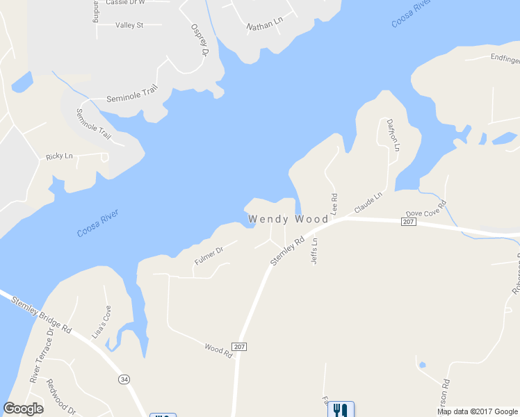 map of restaurants, bars, coffee shops, grocery stores, and more near 176 River Pines Lane in Talladega