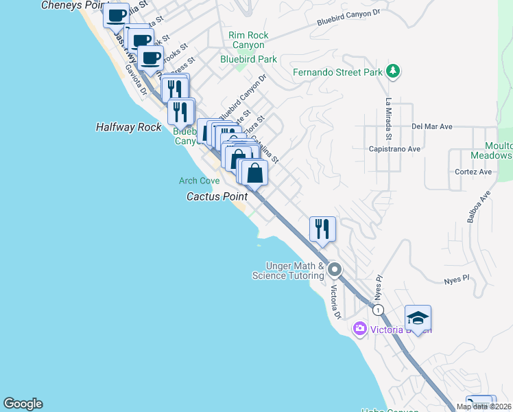 map of restaurants, bars, coffee shops, grocery stores, and more near 160 Ruby Street in Laguna Beach