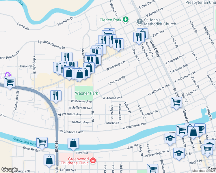 map of restaurants, bars, coffee shops, grocery stores, and more near 613-615 Cherokee Road in Greenwood